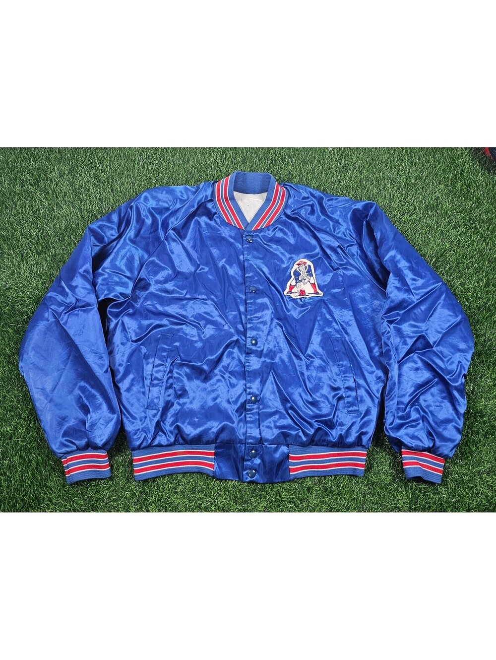 New England Patriots Chalk Line Bomber Jacket Size Large Vintage 1980s Satin